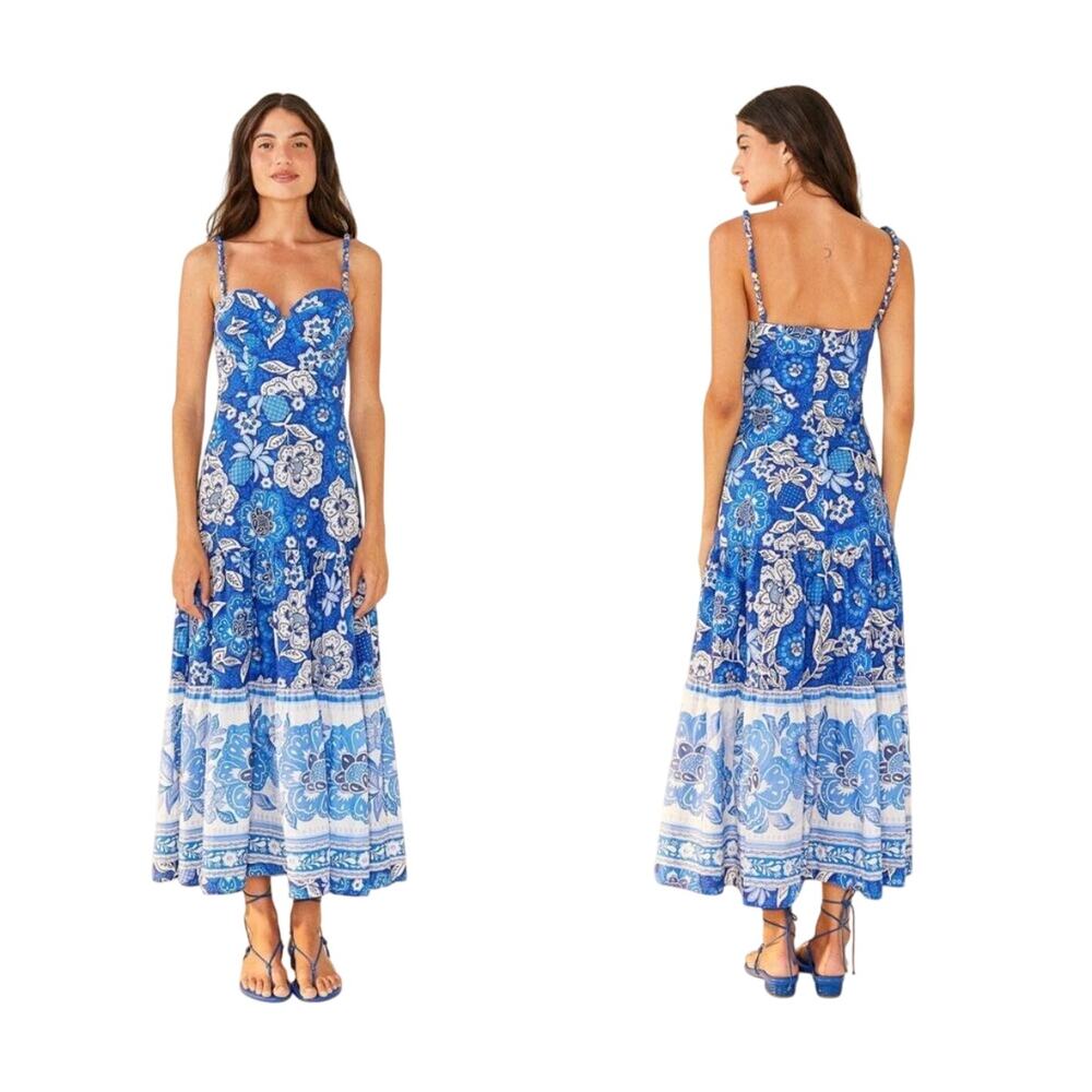 FARM Rio Full of Flowers Blue Floral Midi Sundress Beaded Straps Size S